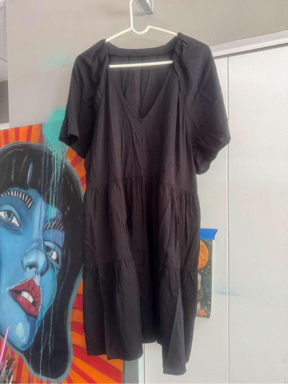 Black Tiered Ruffle Babydoll Dress V-Neck Bell Sleeve Flowy Plus Size 1X